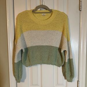 Debut Women’s M Cropped Knit Sweater Yellow White Green Cute Cozy